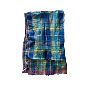 TALBOTS Blue Plaid Lightweight Cotton Oversized Scarf w/ pink & yellow